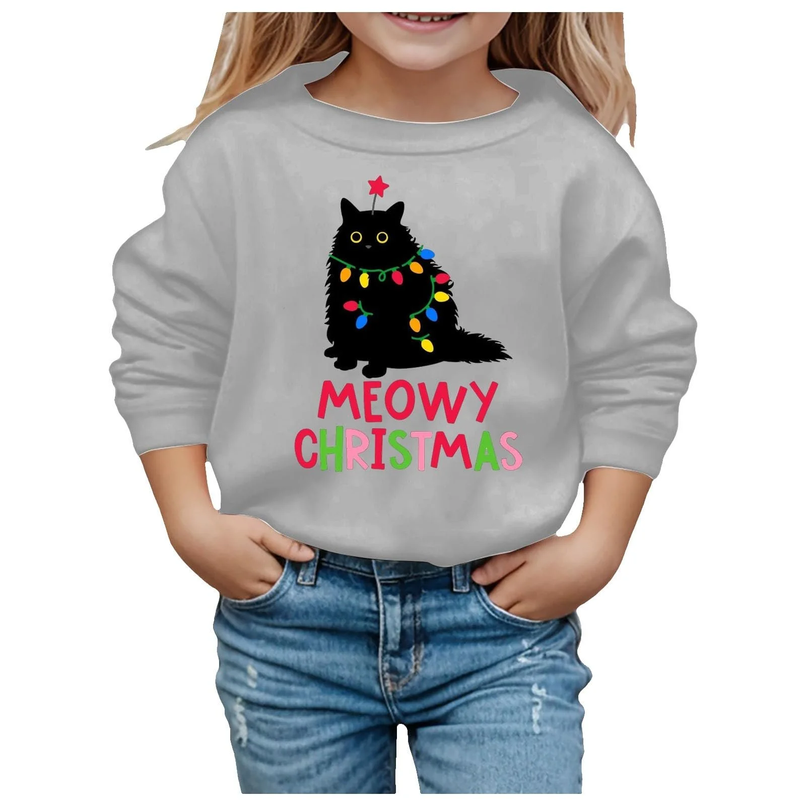 Пуловер для мальчиков с кошачьим принтом, мягкий флисовый верх, с длинными рукавами и круглым вырезом, осенняя одежда, фото №2