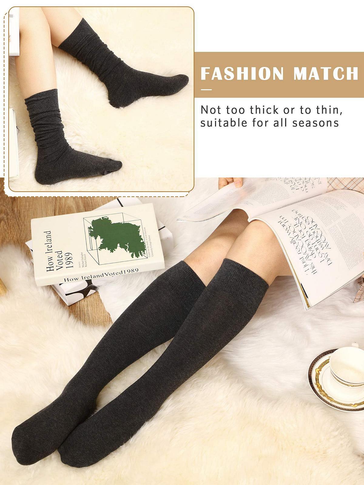 Гольфы хлопковые SATINIOR, Повседневные однотонные вязаные чулки, Черный, фото №4