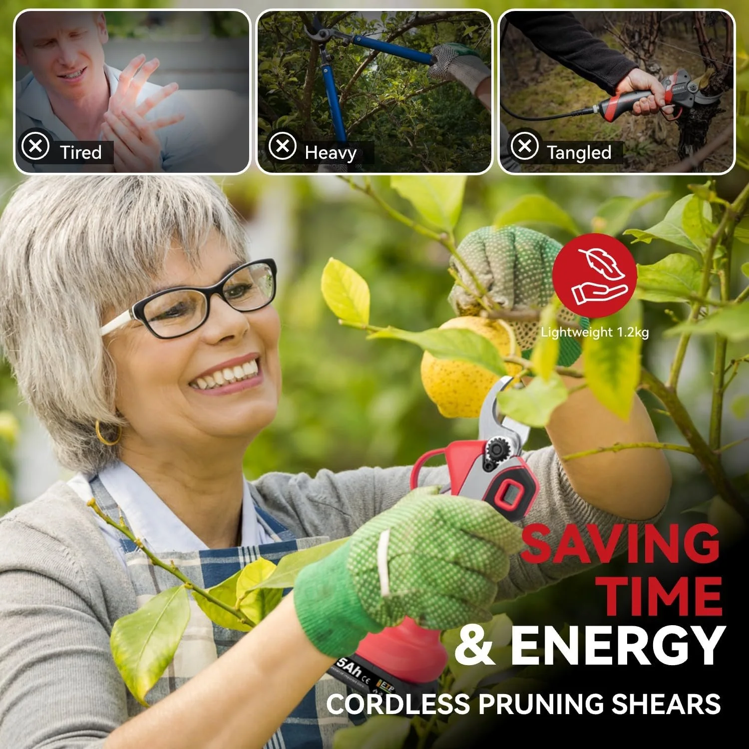 Сучкоріз акумуляторний ONEVAN, діаметр різу 30 мм, червоний (2 акумулятори), фото №6