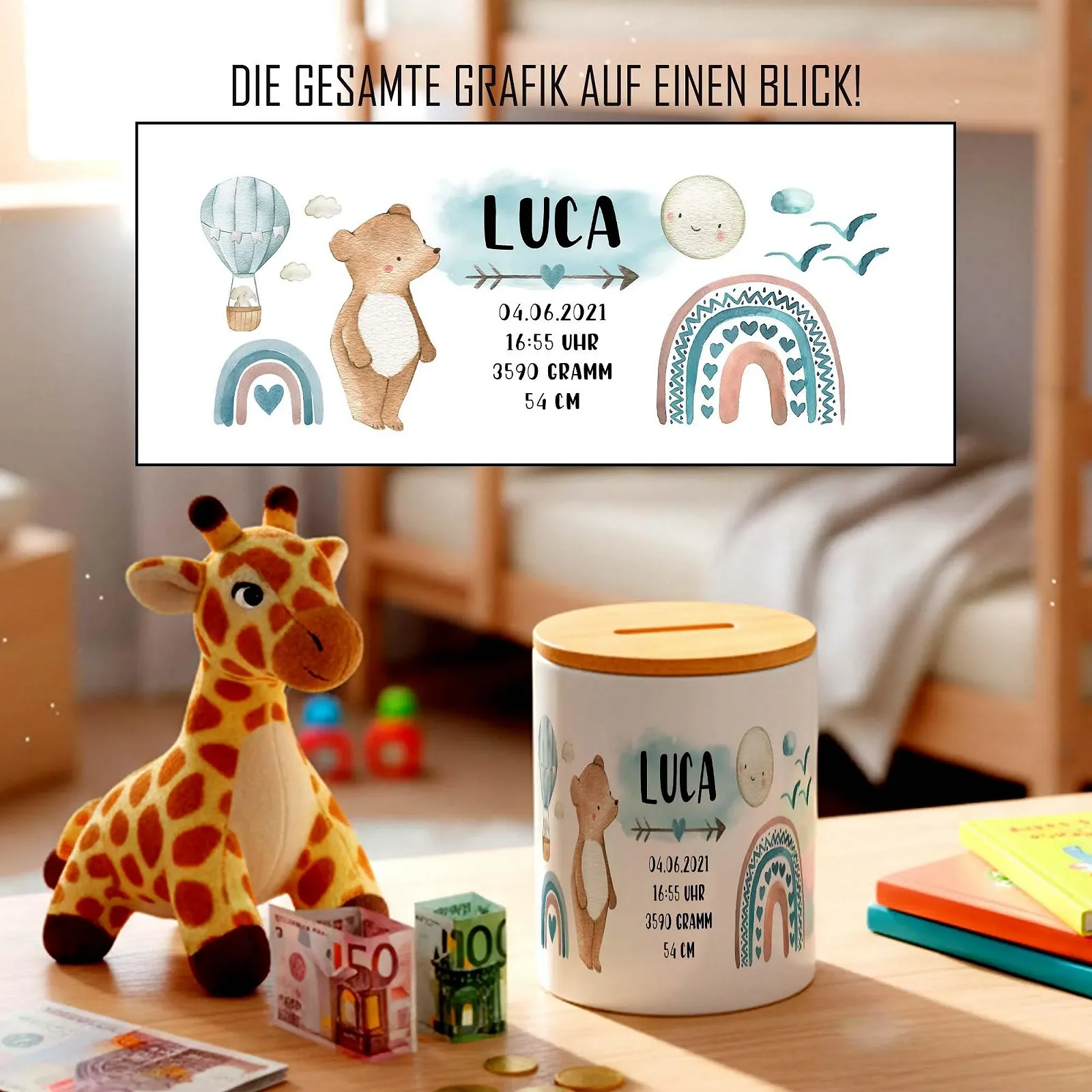 Скарбничка дитяча Ведмедик Дані про народження Персоналізована для хлопчиків, фото №2