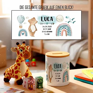 Скарбничка дитяча Ведмедик Дані про народження Персоналізована для хлопчиків synthetic.ua - Фото 1