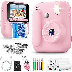 Детская камера мгновенной печати 1080P 5 рулонов бумаги 32GB карандаши Розовая - Фото 1