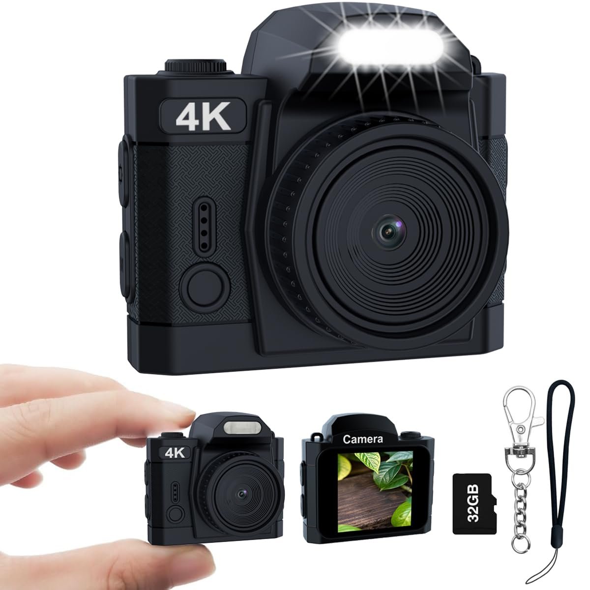 Мини цифровая камера 4K, HD 16 Мп, 1,5-дюймовый цветной IPS-экран, портативный видеорегистратор с монорефлексной CMOS-матрицей, карта памяти 32 ГБ, фото №1