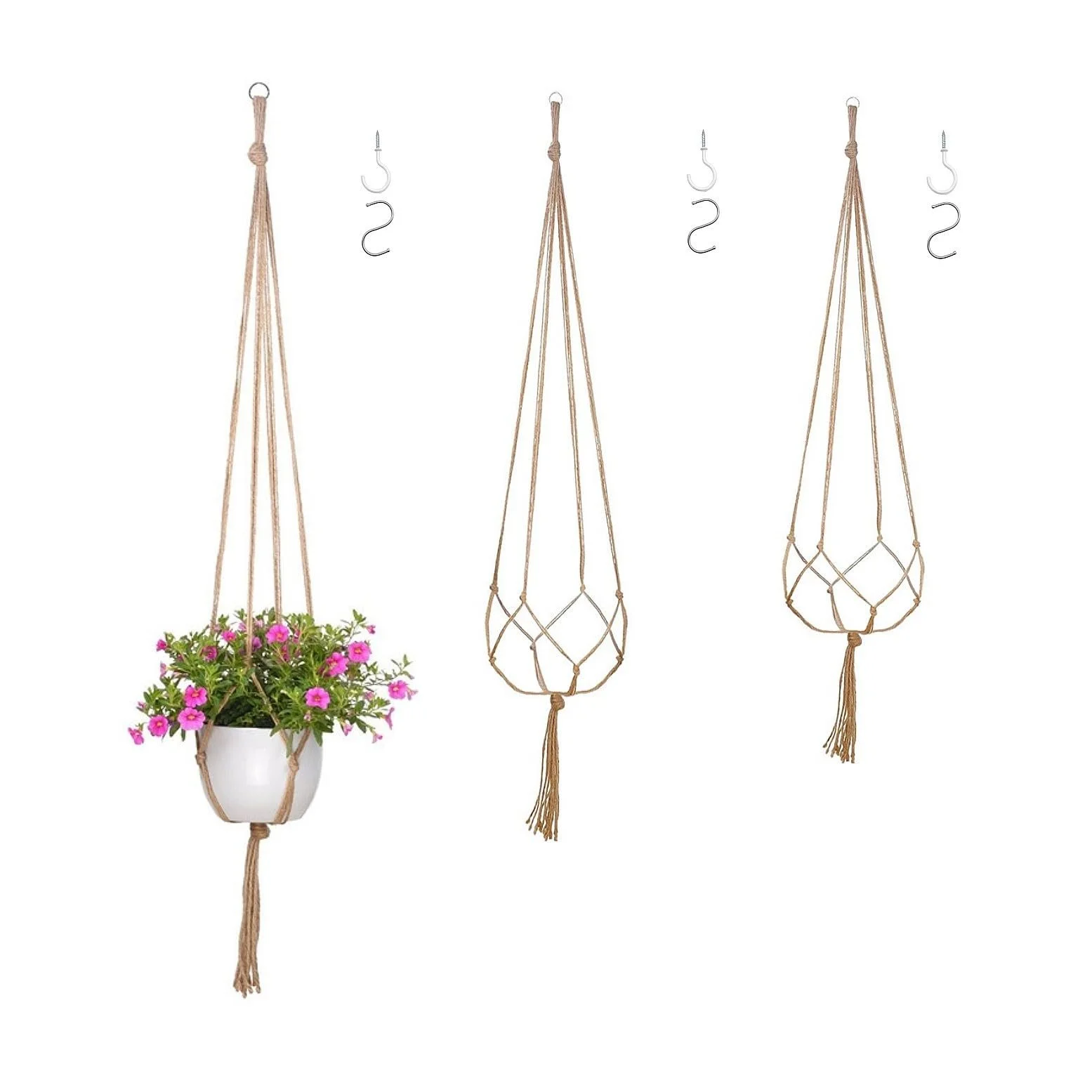 Подвес для растений макраме JZK, 3 шт., 90 см, 100 см, 120 см, с крючками, джутовый, фото №1
