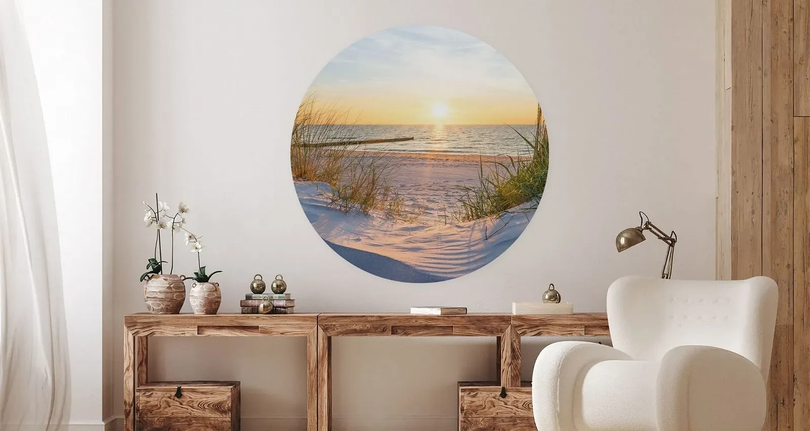 Наклейка на стену Muralo Пляж Море Закат Дюны Пейзаж Небо Природа 3D Круглая 100 x 100 см, фото №3