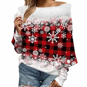 Женская толстовка с открытыми плечами, длинными рукавами, большого размера, с милым принтом елки и снежинок - Фото 1