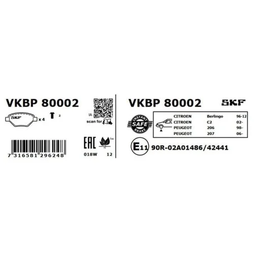 Комплект гальмівних колодок, дискове гальмо SKF VKBP 80002 для CITROËN OPEL PEUGEOT VAUXHALL, фото №2