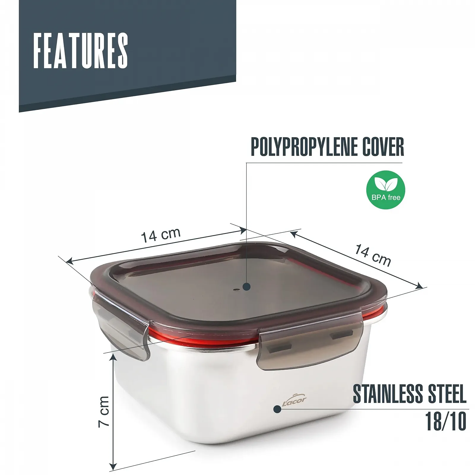Квадратный контейнер для еды Lacor Ecoinox 64613 650 мл Нержавеющая сталь 18/10 Silver, фото №2 Квадратный контейнер для еды Lacor Ecoinox 64613 650 мл Нержавеющая сталь 18/10 Silver, фото №2