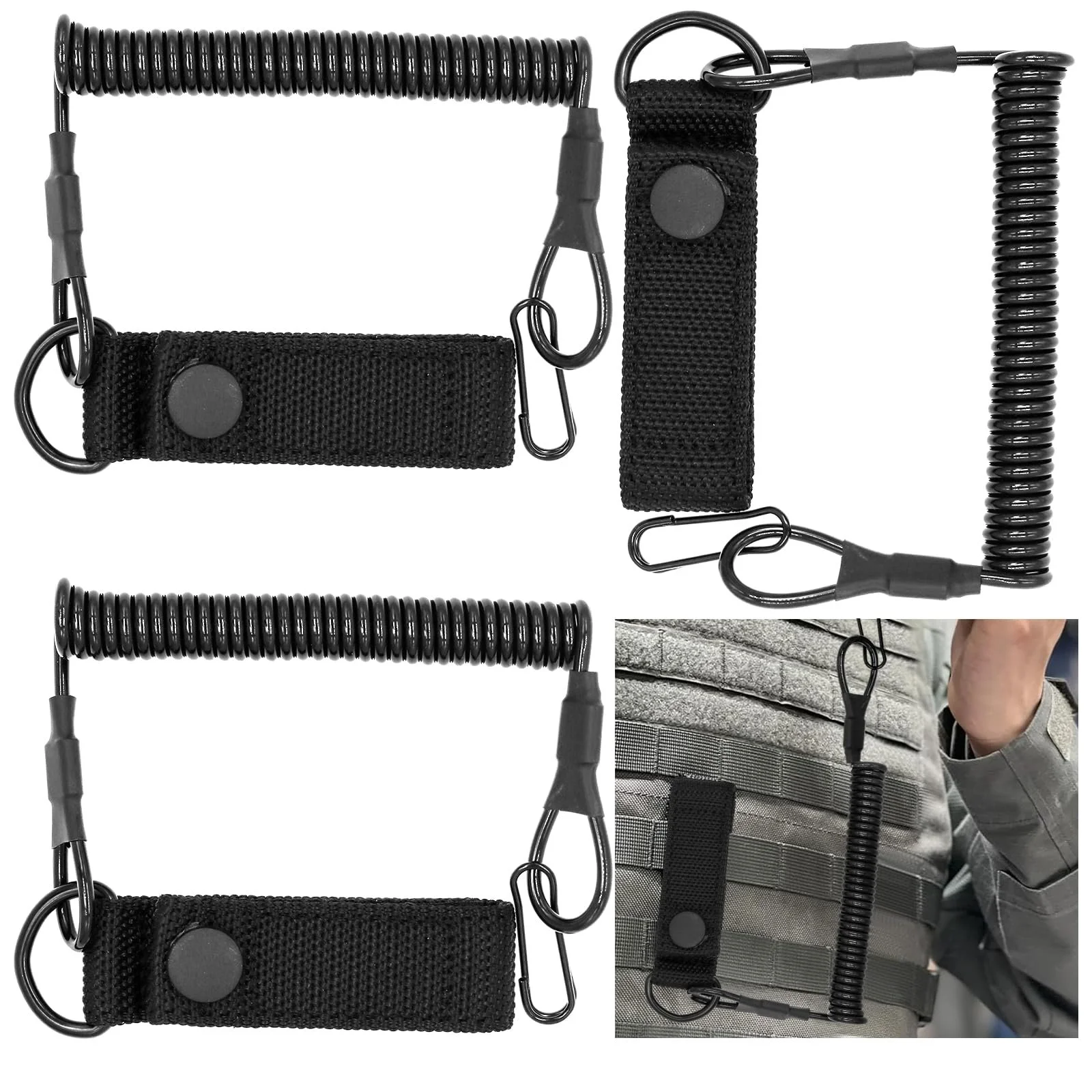 Шнурок тактический спиральный ZHIYUQL® Pack of 3 с карабином, черный, 125 см, фото №1