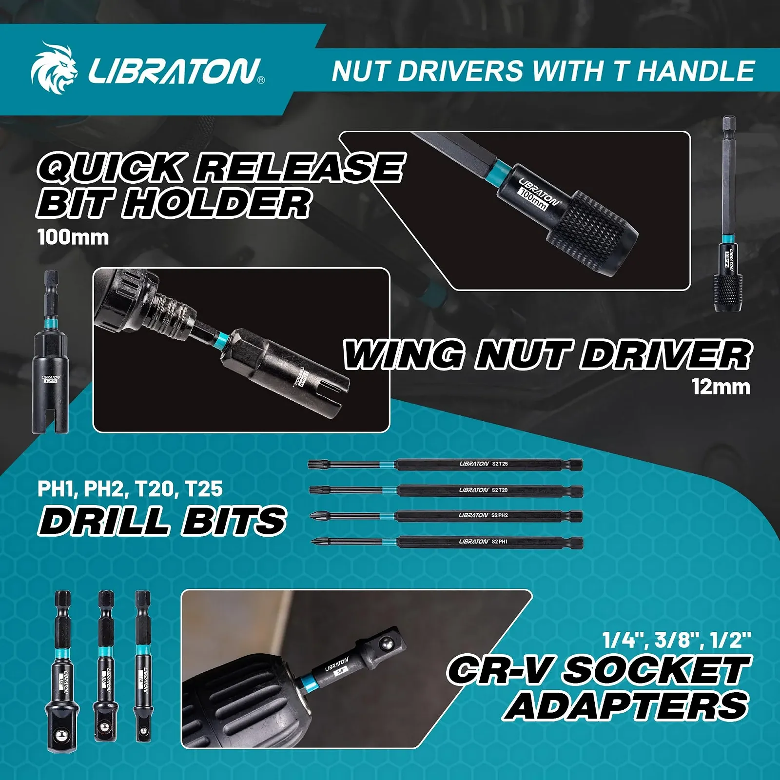 Набір магнітних подовжених головок LIBRATON 27 предметів 1/4 дюйм з Т-подібною тріскачкою Metric SAE S2 Bit Holder, фото №3