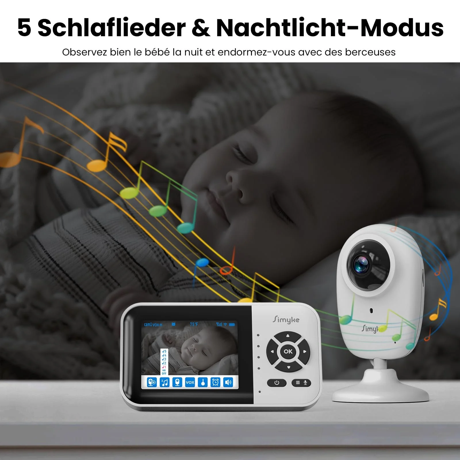 Видеоняня Simyke Smart BabyMonitor 1080p 2 камеры WiFi 2.4 GHz 300 м датчик температуры 2500 мАч, фото №7 Видеоняня Simyke Smart BabyMonitor 1080p 2 камеры WiFi 2.4 GHz 300 м датчик температуры 2500 мАч, фото №7