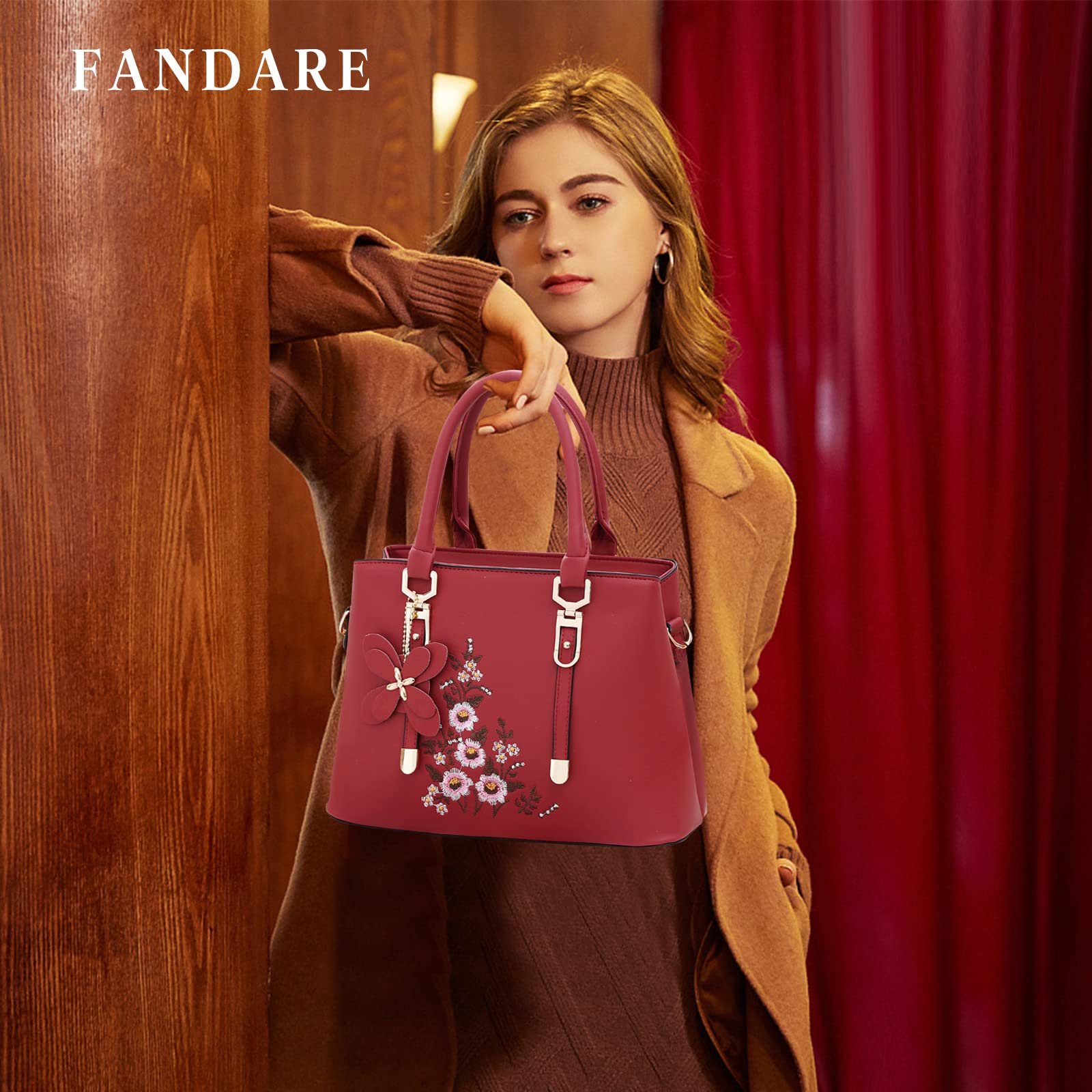 Сумка женская FANDARE, тоут, на плечо, из искусственной кожи, с вышивкой, винно-красная, модная, фото №2