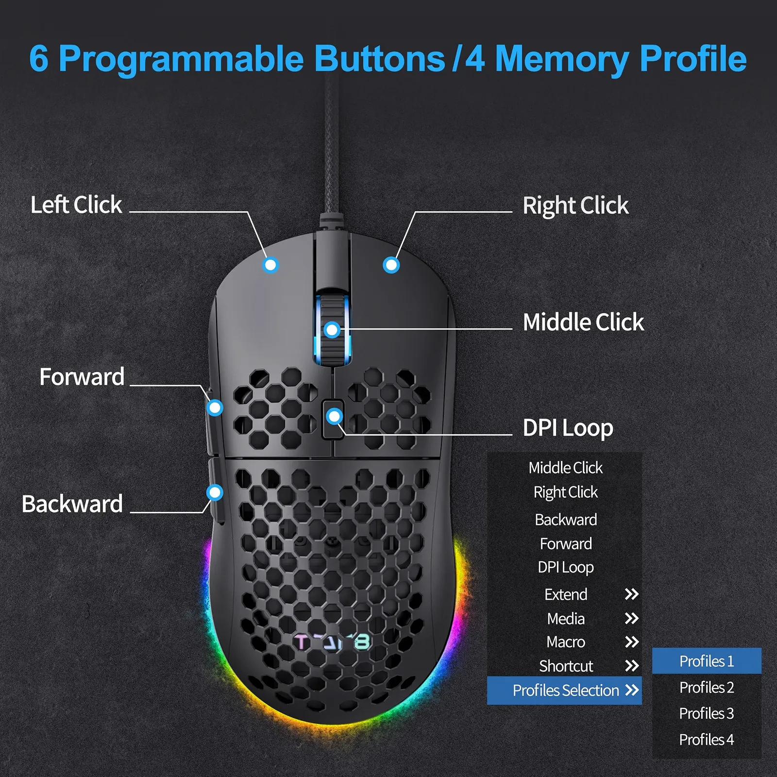 Мышь TMKB M1se игровая, оптический сенсор 12800 DPI, 6 программируемых кнопок, сотовая, регулируемая RGB подсветка, паракорд, эргономичная, черная, фото №3 Мышь TMKB M1se игровая, оптический сенсор 12800 DPI, 6 программируемых кнопок, сотовая, регулируемая RGB подсветка, паракорд, эргономичная, черная, фото №3