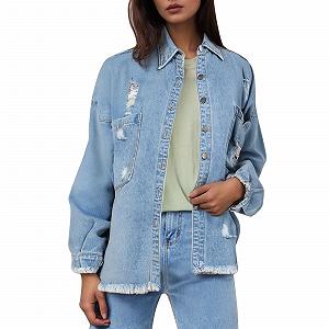 Джинсовая куртка Vhersily Женская Oversized Длинный рукав В рубчик Весна Осень На пуговицах Джинсовая куртка Western Shacket Куртка с карманами Лето Повседневный Однотонный Модный - Фото 1
