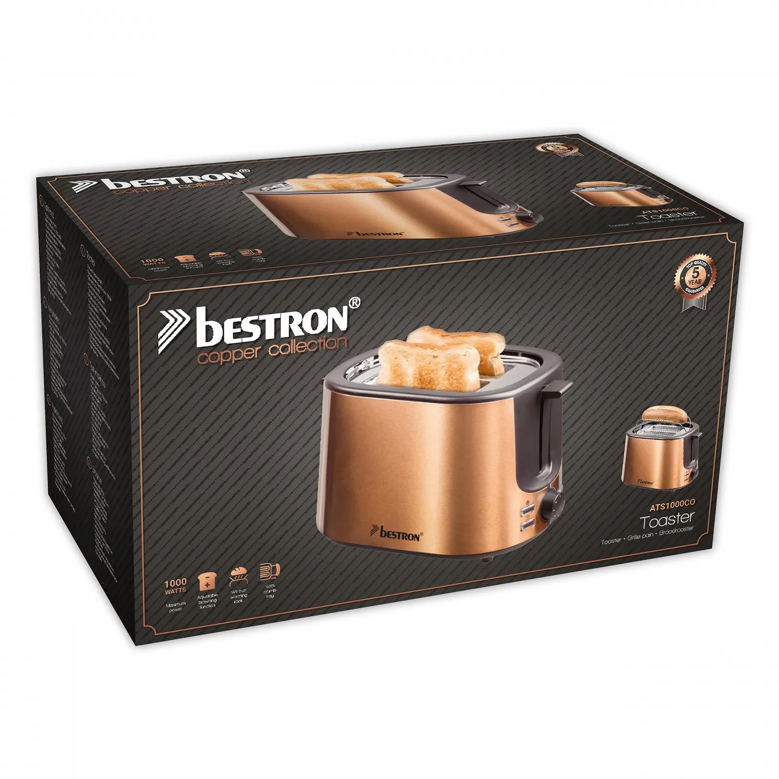Тостер Bestron 1000W Мідний Нержавіюча сталь з 2 камерами для смаження, висувним ящиком для крихт та насадкою для підігріву булочок, фото №6