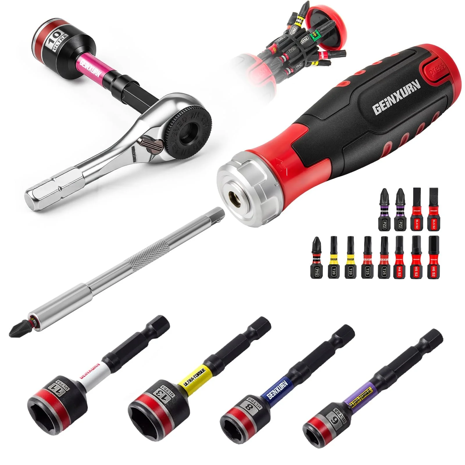 Набір реверсивних викруток 19 предметів з бітами та торцевими ключами Магнітний TPE рукоятка, фото №1