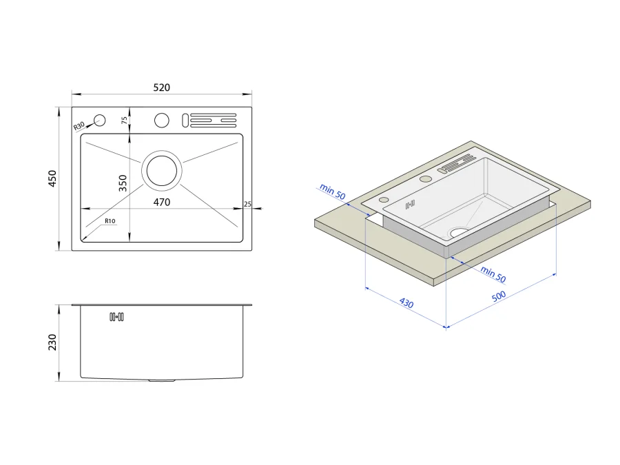 Кухонная мойка накладная 1,5 мм из нержавеющей стали 45 см Nett NS-5245, фото №4