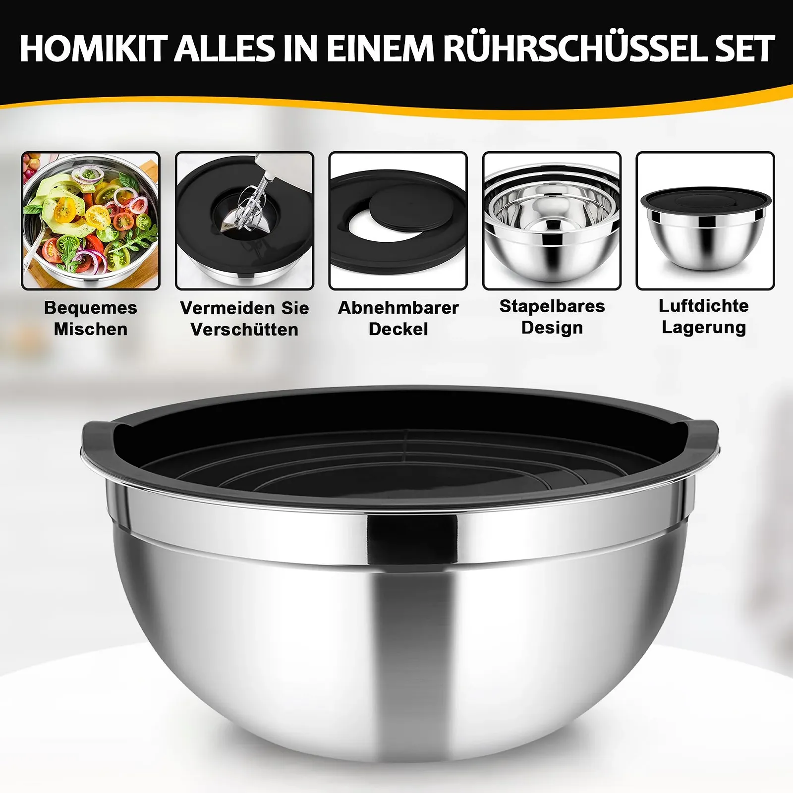 Набор мисок для смешивания Homikit из 5 предметов из нержавеющей стали с герметичными крышками и 3 насадками-терками 4.6L/2.8L/1.6L/1.2L/0.7L Черный, фото №5 Набор мисок для смешивания Homikit из 5 предметов из нержавеющей стали с герметичными крышками и 3 насадками-терками 4.6L/2.8L/1.6L/1.2L/0.7L Черный, фото №5