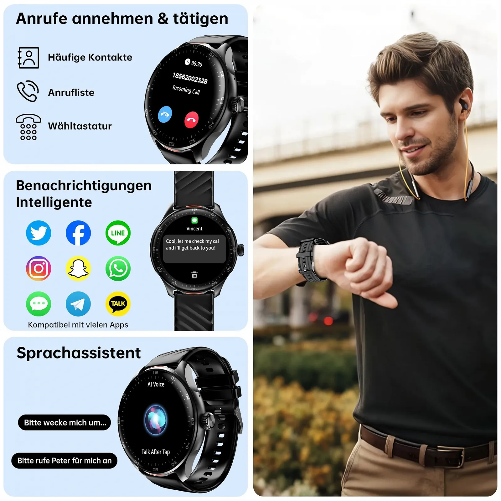 Смарт-часы OUKITEL Мужские Круглые с Bluetooth Телефонией и Голосовым Помощником, 1.39 Дюймовый Сенсорный Дисплей, 100+ Спортивных Режимов, IP68 Водонепроницаемые, Спортивные Часы с Измерением Пульса/Шагомер, фото №4