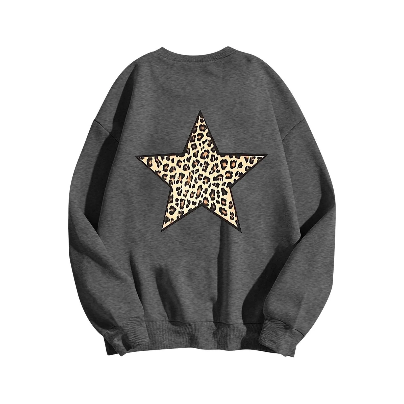 Женский свитшот Куртка-пиджак tsaChick Леопардовый принт Звезда на спине Длинный рукав Круглый вырез Свободный верх Свитшот для бега Женский фитнес-свитер Женское зимнее платье, фото №4