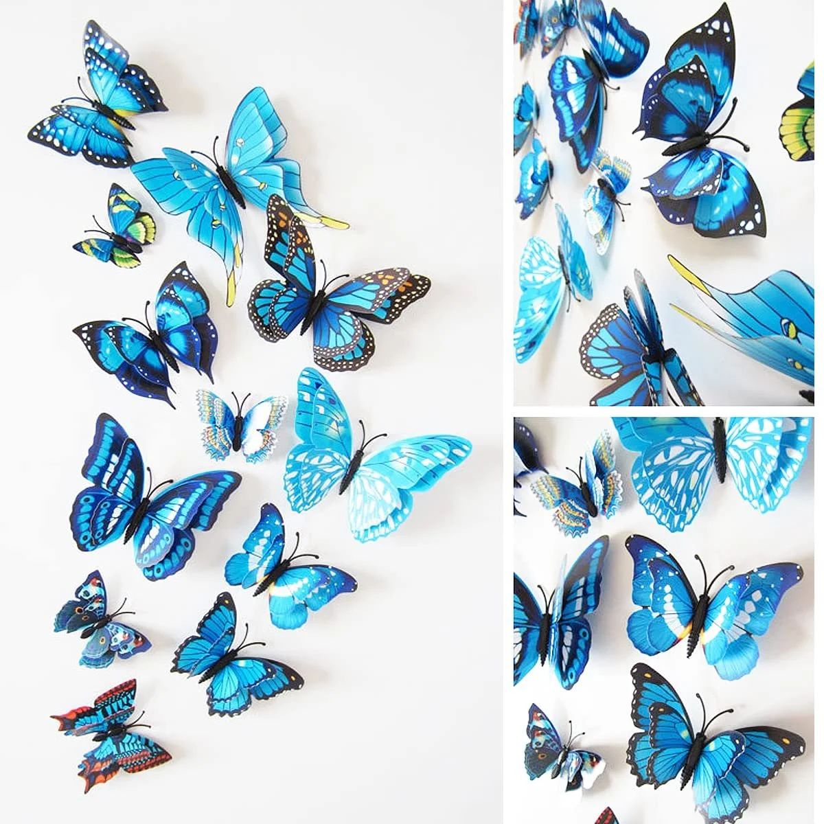 Наклейки на стену 24 шт. Бабочки Съемные магниты на холодильник 3D Двойные крылья Синий, фото №6