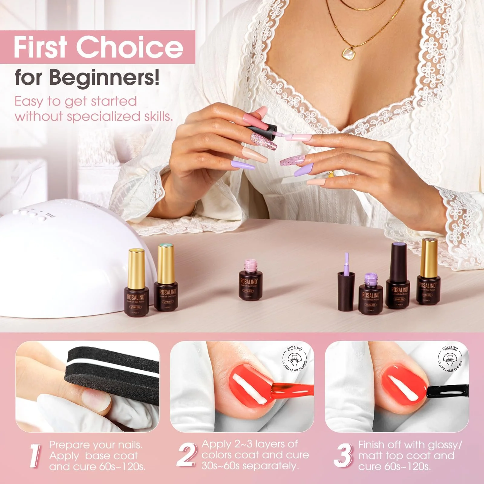 Набор гель-лаков ROSALIND, 23 штуки, мини цветные гели для ногтей, нюдовый розовый серебряный черный блестящий набор гель-лаков, замачиваемый натуральный гель-лак для начинающих, маникюрный салон, фото №6