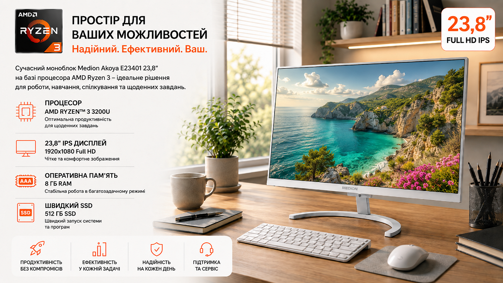 Моноблок 23.8" Medion (Lenovo Group) Akoya E23401 | AMD Ryzen 3 3200U | IPS (1920x1080) FullHD | RAM 8 ГБ | SSD 512 ГБ | AMD Radeon Vega 3 Graphics | Wi-Fi 5 | Bluetooth 5.0 | Тонкий корпус | Win11 (5267), фото №1 Моноблок 23.8" Medion (Lenovo Group) Akoya E23401 | AMD Ryzen 3 3200U | IPS (1920x1080) FullHD | RAM 8 ГБ | SSD 512 ГБ | AMD Radeon Vega 3 Graphics | Wi-Fi 5 | Bluetooth 5.0 | Тонкий корпус | Win11 (5267), фото №1