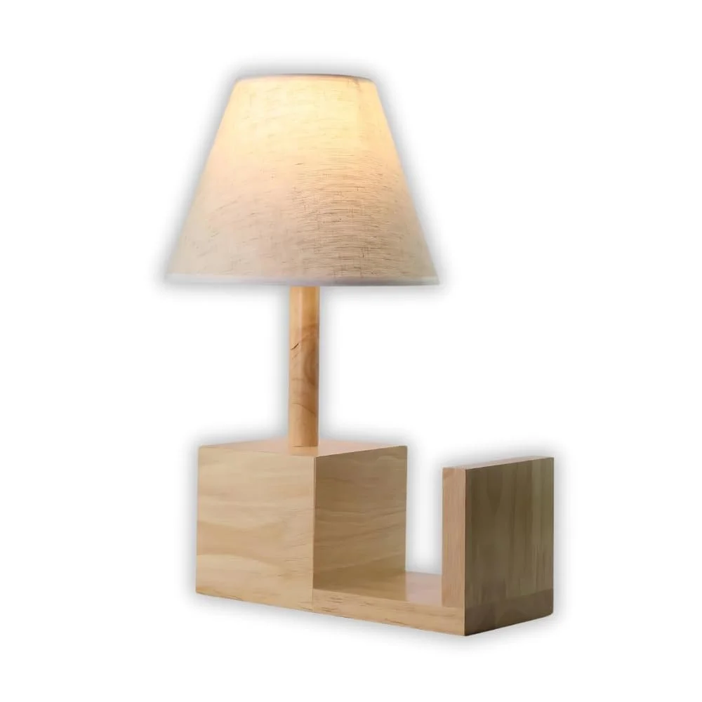 Настільна лампа дерев'яна з полицею для книг та тканинним абажуром 30 x 40 x 22 см E27, фото №1