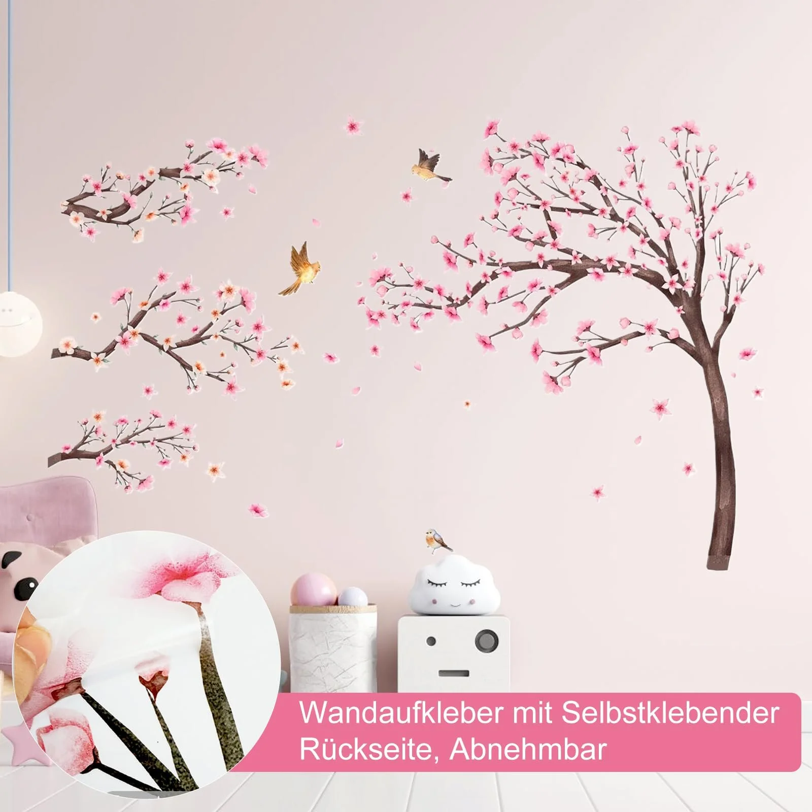 Наклейка на стіну Вишневий цвіт Птахи на гілці 171 Рожевий, фото №3
