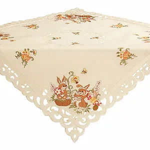 Скатертина Easter Bunny Easter Eggs Embroidery 85 x 85 см Ecru Cream Linen Look Polyester - Фото 1