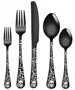 Набір столових приборів XIAOYU з 5 предметів, візерунок черепа, нержавіюча сталь, унікальний готичний скелет і квітковий візерунок, чорний - Фото 1