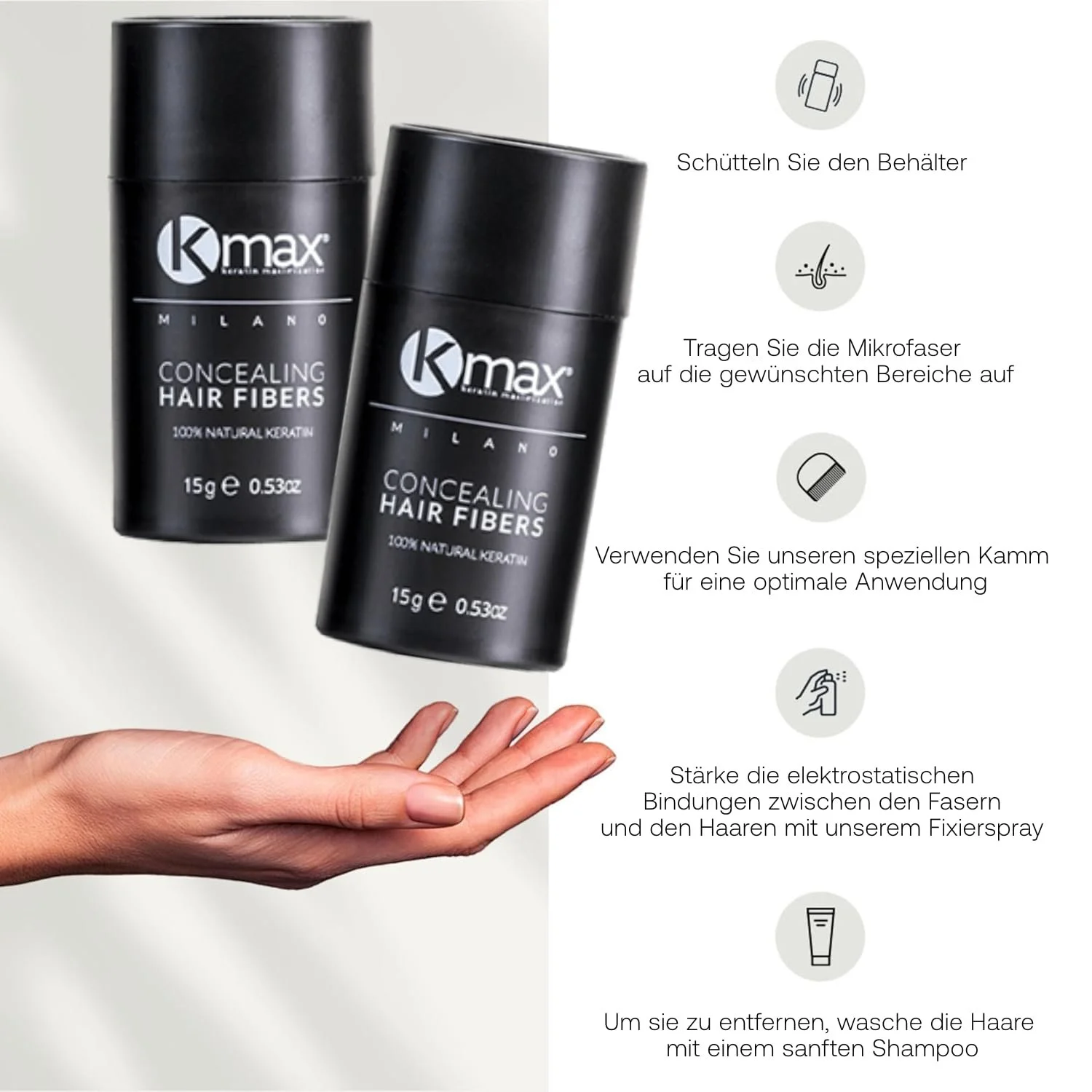 Пудра для волосся Kmax Keratin 15 г, для об'єму волосся з миттєвим загущенням, пудра для коренів, щоб приховати лисини - Чорний, фото №6