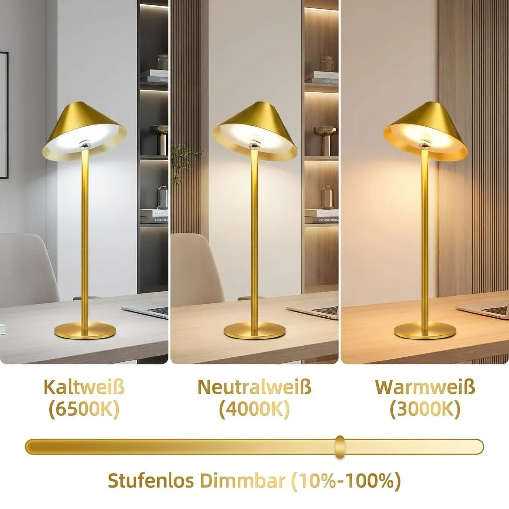 Настільна лампа LED бездротова магнітна поворотна 360° акумуляторна 4000 мАг димована 3 кольори Золота, фото №2