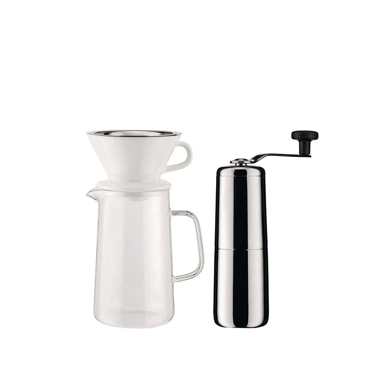 Набор для приготовления кофе Alessi Slow coffee KT01SET: кофемолка из нержавеющей стали 18/10, стеклянный кувшин Pyrex, фарфоровый держатель фильтра и сетчатый фильтр из нержавеющей стали 18/10, фото №1