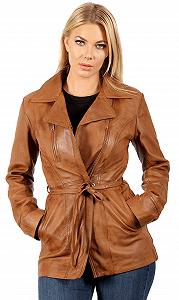 Кожаная куртка Biker Infinity Leather женская Tan Nappa с завязкой-поясом - Фото 1