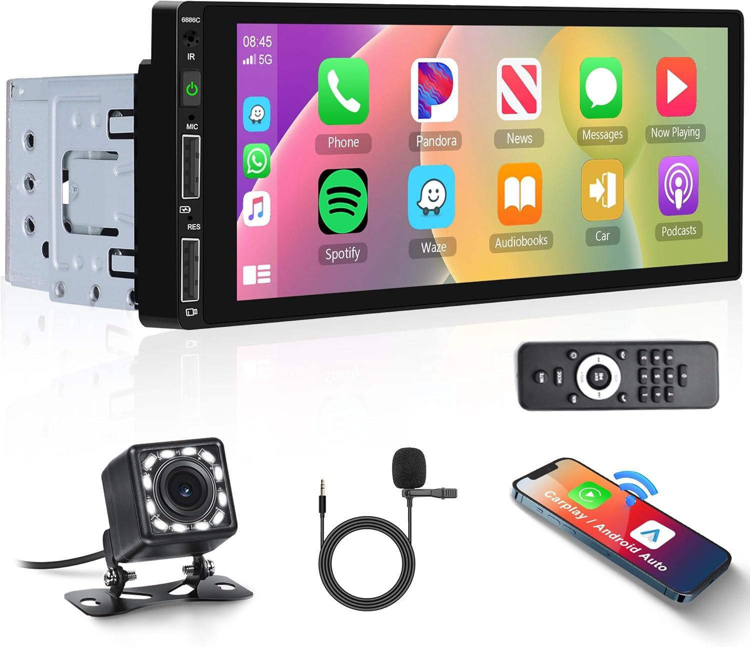 Автомагнітола PODOFO 6886C / 6.86" / Сенсорна / Wince / Apple CarPlay / Android Auto / Bluetooth / USB / AUX / 1DIN, фото №1