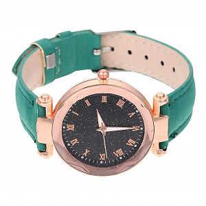 Женские часы PartyKindom с зелеными римскими цифрами, регулируемый кожаный ремешок - Фото 1