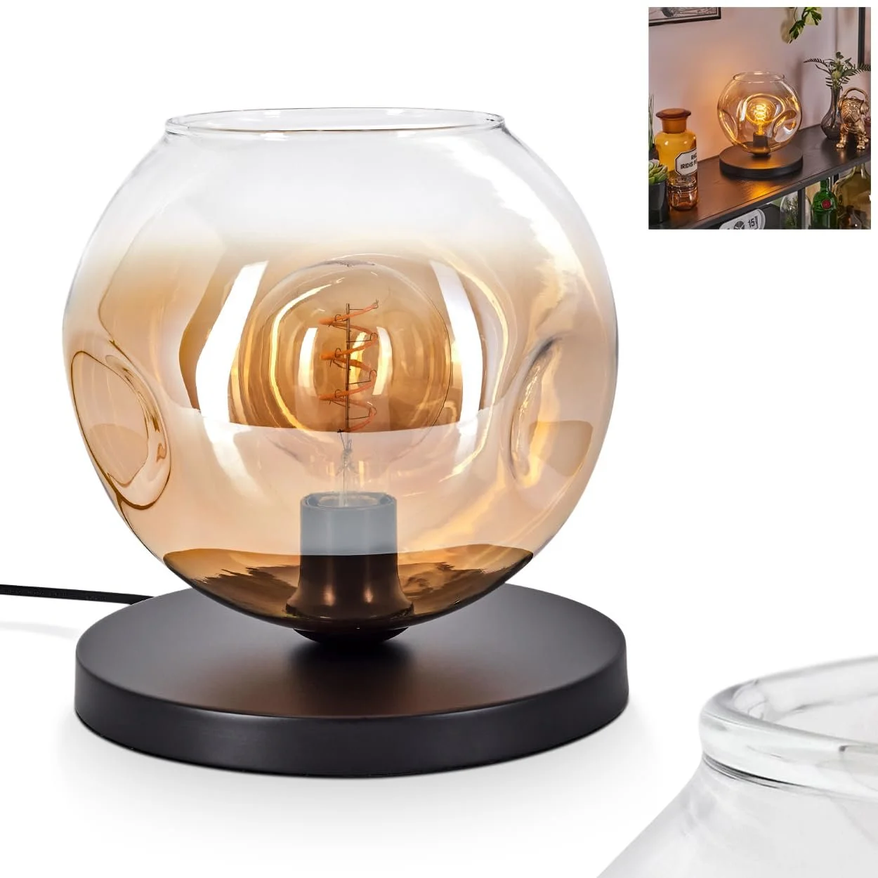 Настільна лампа Ripoll Метал/Скло 25 см 1 x E27 Чорний/Бурштиновий/Прозорий, фото №1