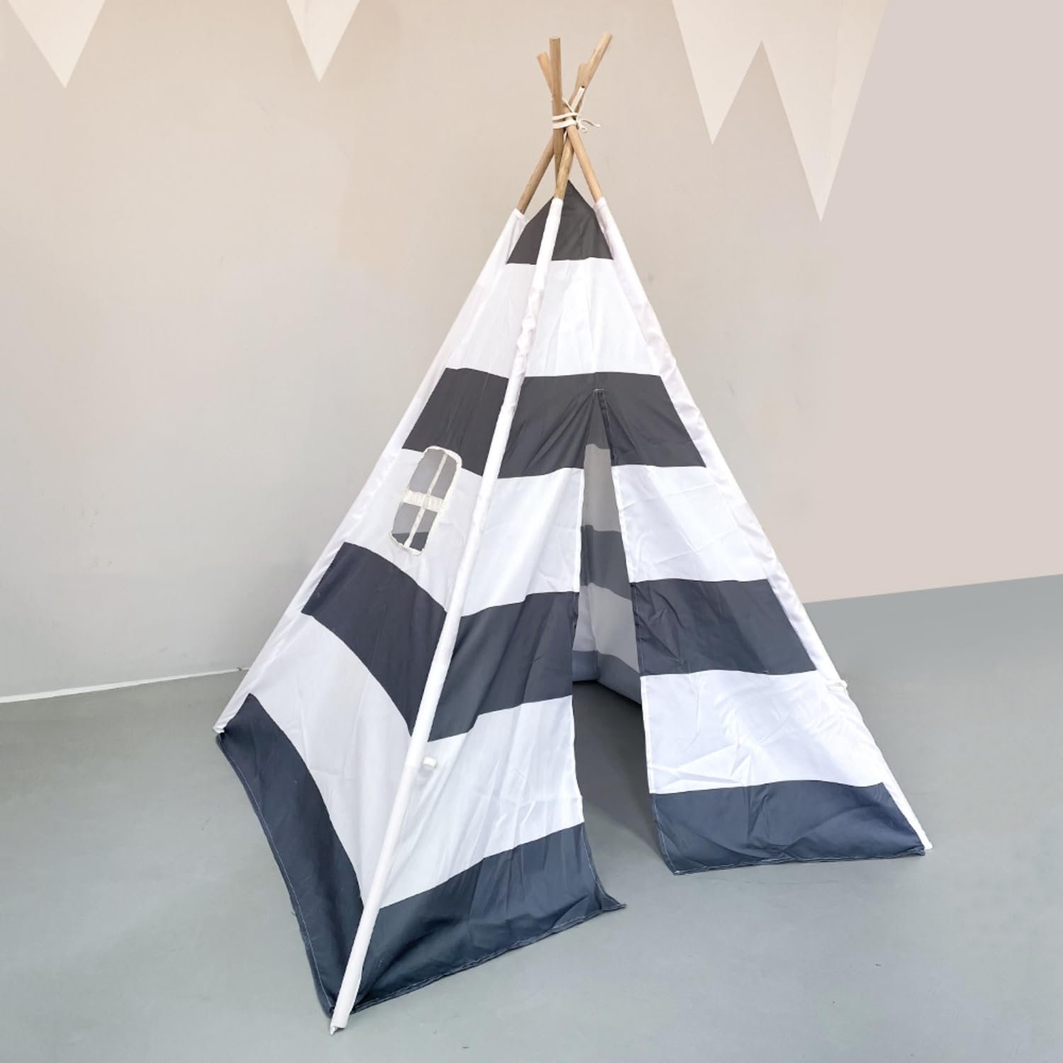 Намет дитячий ігровий Benebomo Teepee, сіро-білий у смужку, висота 140 см, з вікном, фото №6