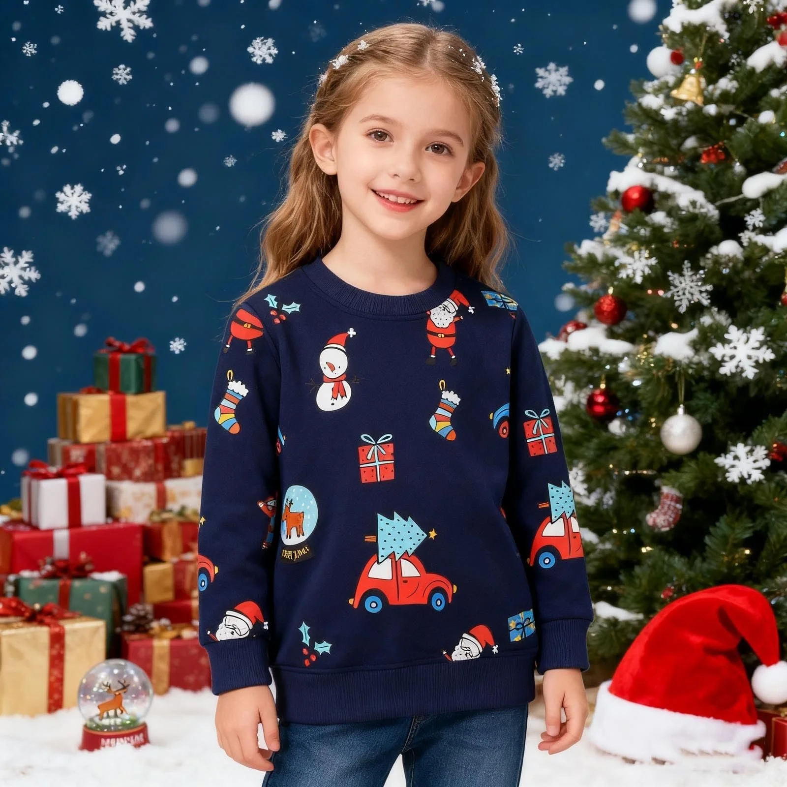 Детский рождественский джемпер Зимняя термофутболка с длинными рукавами Мультяшная Толстовка с круглым вырезом Со снеговиком Рисунок с оленями Худи для девочек и мальчиков, фото №3