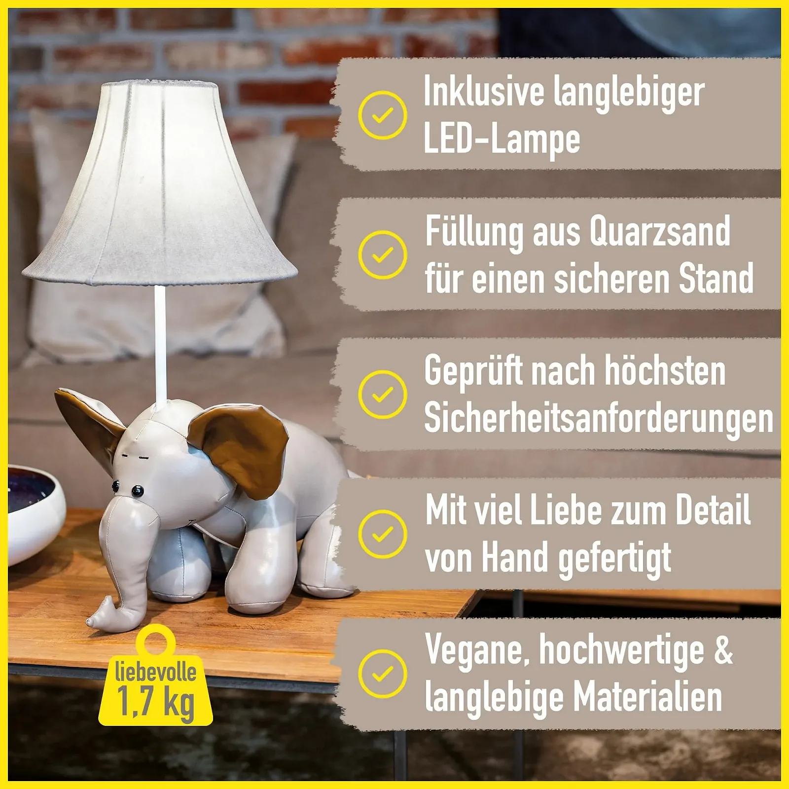 Настільна лампа Happy Lamps Bobby The Elephant LED декоративна веганська шкіра ручної роботи 48 см Сіра, фото №3