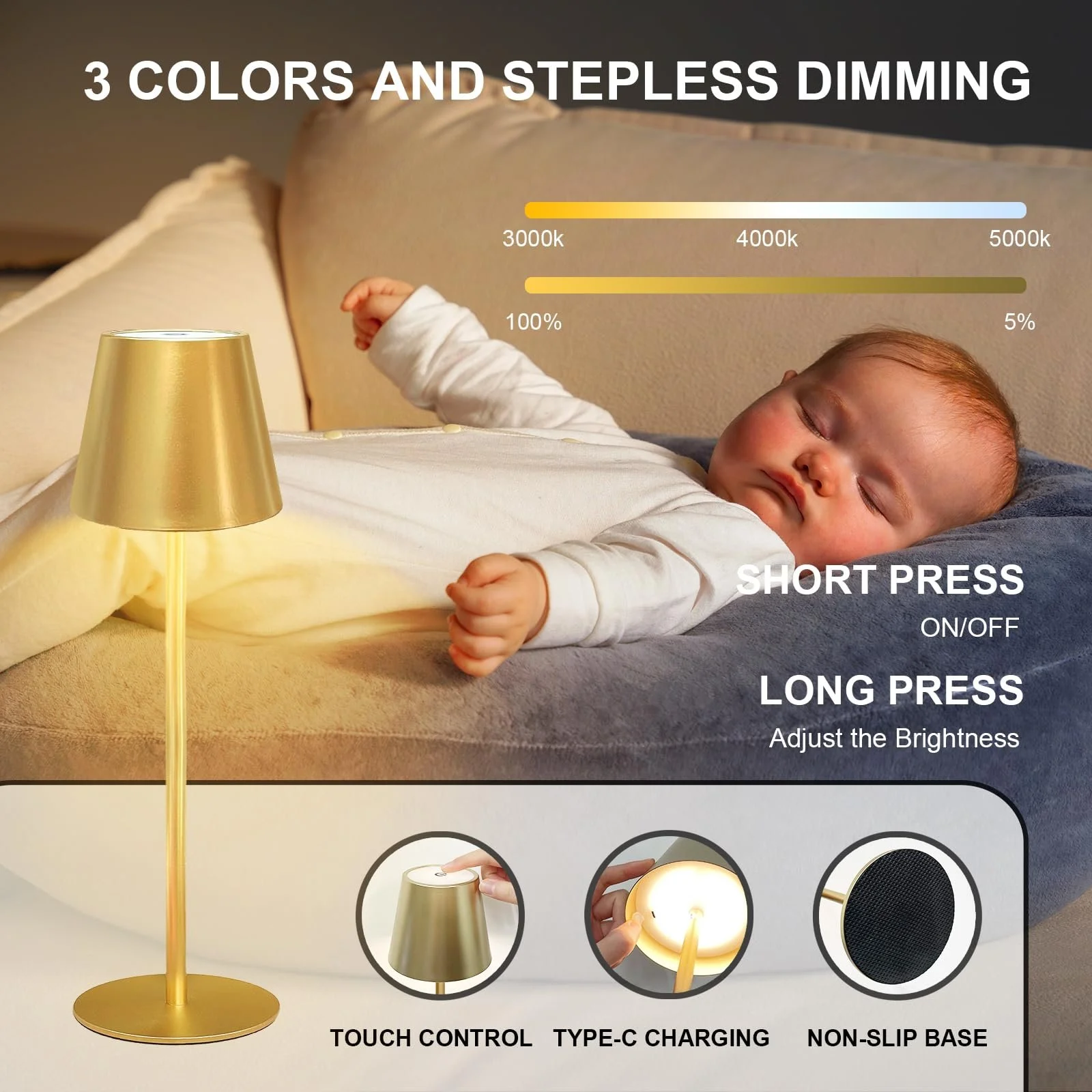 Настільна лампа ANTELA LED бездротова золотиста з димуванням 1 шт., фото №3