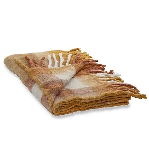 Плед Loberon Alborg Декоративный клетчатый узор с длинной бахромой Теплая игра цветов Домашний текстиль Покрывало Акрил Полиэстер Шерсть Оранжевый - Фото 1