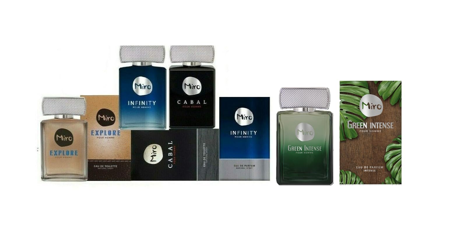 Парфумерний набір Miro Fragrance Collection для чоловіків: Cabal туалетна вода 75 мл + Infinity парфумована вода 75 мл + Explore туалетна вода 75 мл + Green Intense Pour Homme парфумована вода 75 мл, фото №1
