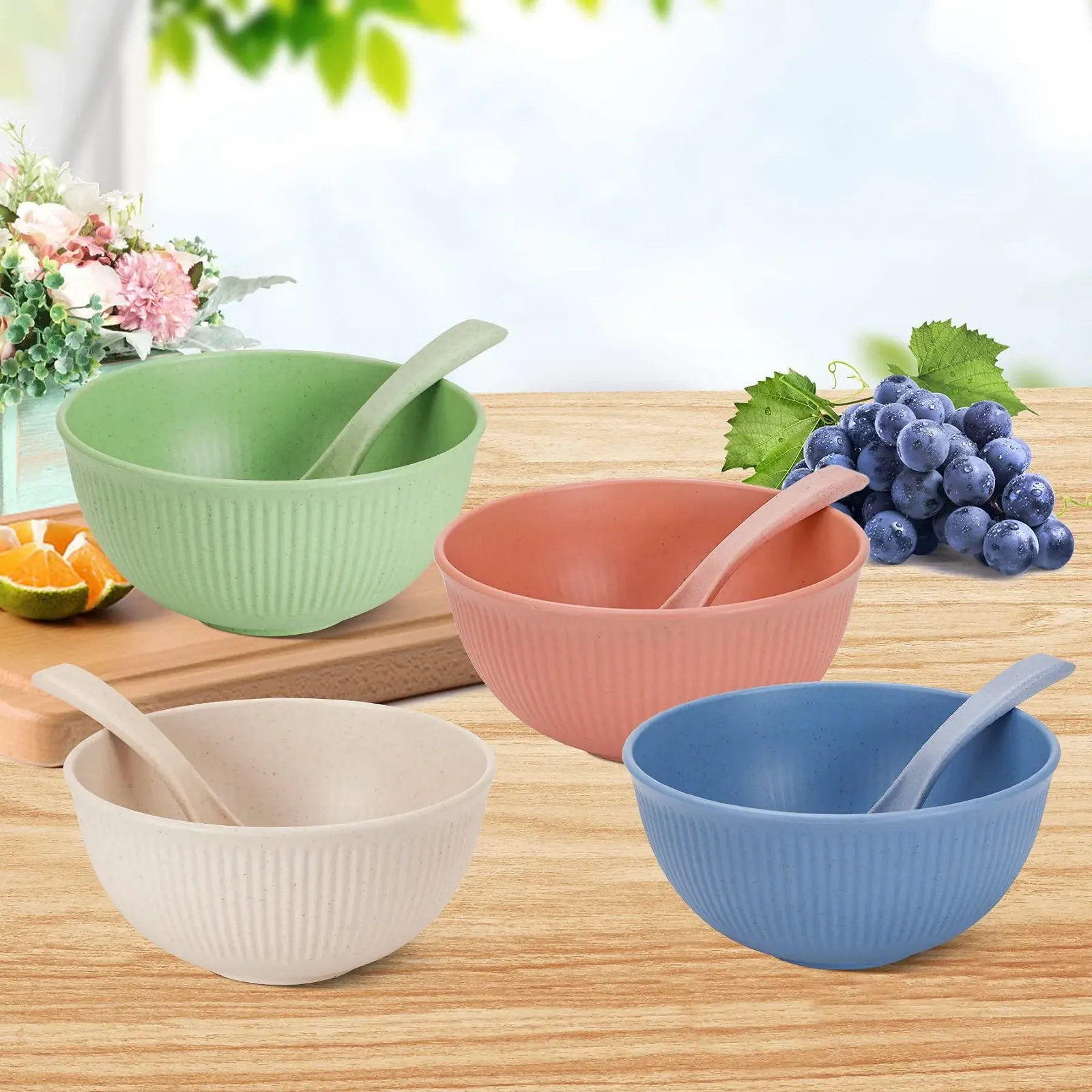 Миска CSYY 750 мл, набор 4 шт, пластиковая, небьющаяся посуда, с ложкой, фото №8