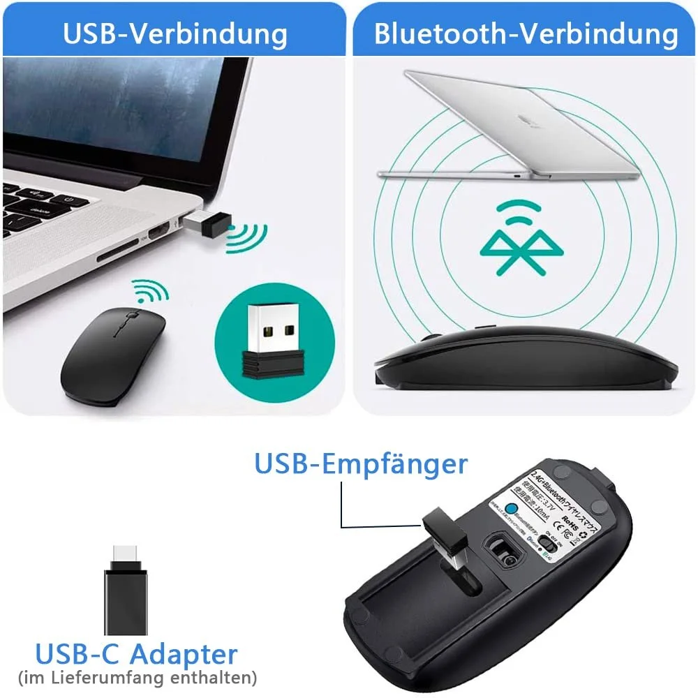 Мышь Беспроводная Qxvnm Bluetooth (USB 2.4 GHz + Bluetooth 5.2 + USB-C Адаптер) Перезаряжаемая Черный, фото №3