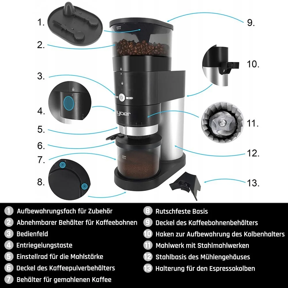 Кофемолка Yoer Mulino BCG01BK Электрическая 150 Вт Дисковая Автоматическая 43 уровня помола Коническая Сталь Черный, фото №2