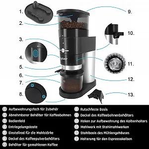 Кофемолка Yoer Mulino BCG01BK Электрическая 150 Вт Дисковая Автоматическая 43 уровня помола Коническая Сталь Черный synthetic.ua - Фото 1