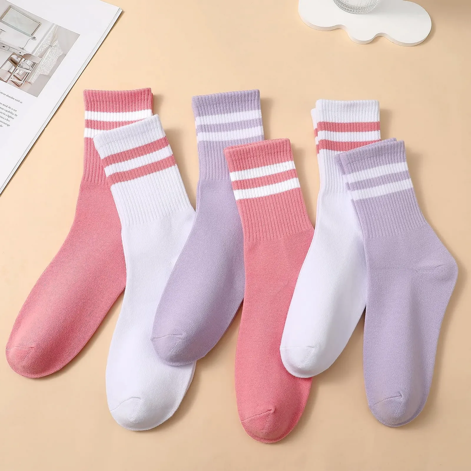 Теннисные носки 6 пар Спортивные носки Женские носки для бега Теннисные спортивные носки в полоску Хлопковые носки Носки до середины икры Рабочие носки Черный, Белый, Серый, фото №7