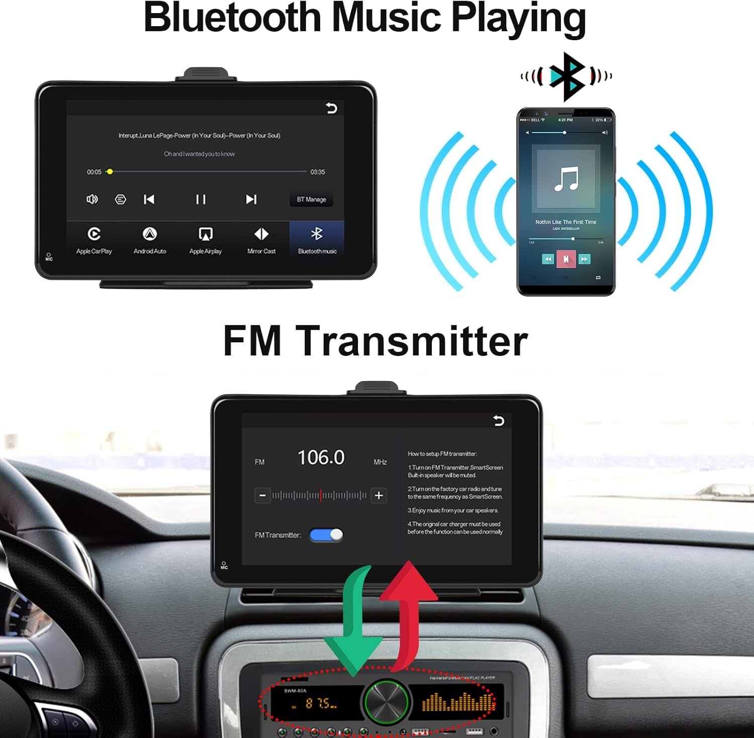 Автомагнітола Podofo SH4AMPOD / 7" / Сенсорна / Apple CarPlay / Android Auto / Wi-Fi / GPS / Bluetooth / USB / AUX, фото №5